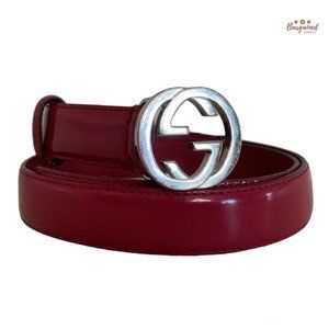 Authentic Gucci Red Coated Calfskin Leather Silver Interlocking G Buckle Belt 32